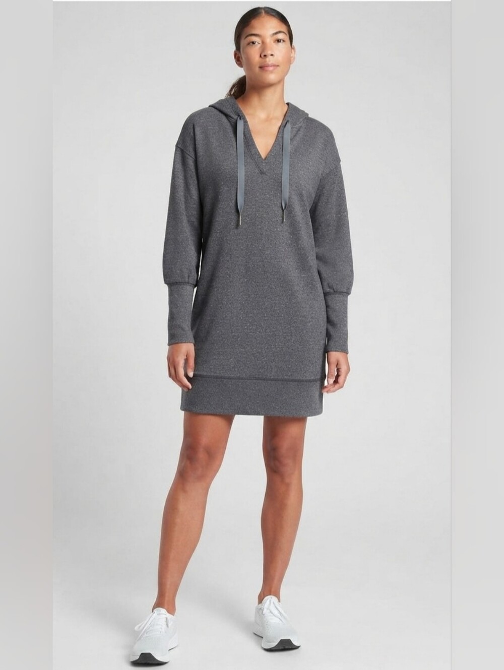 Athleta Gray V-Neck Hooded Sweatshirt Dress